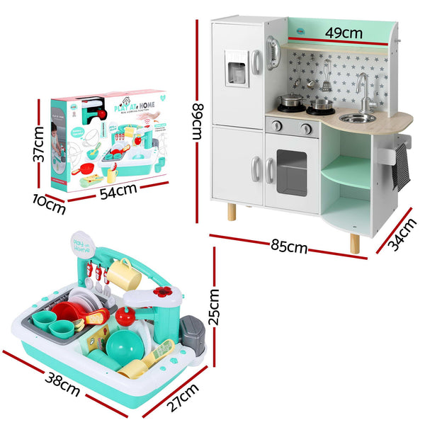 Keezi Kid Pretend Kitchen Wooden Play Sink Playset Dishwasher Toys Green Awezingly