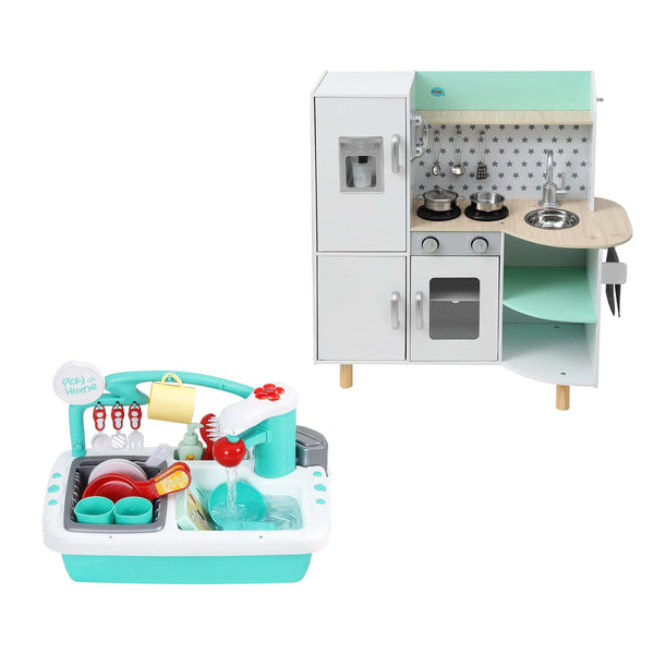Keezi Kid Pretend Kitchen Wooden Play Sink Playset Dishwasher Toys Green Awezingly