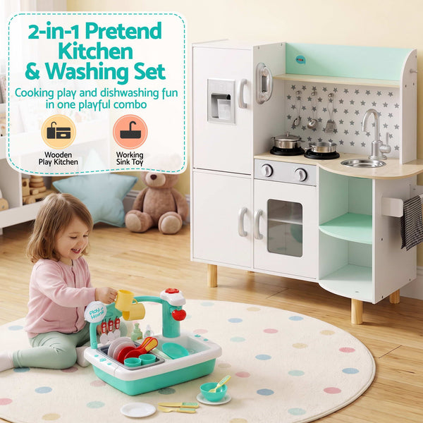 Keezi Kid Pretend Kitchen Wooden Play Sink Playset Dishwasher Toys Green Awezingly