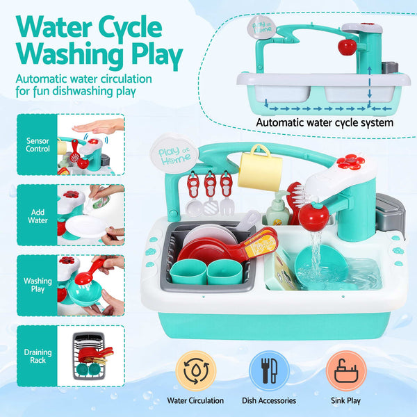 Keezi Kid Pretend Kitchen Wooden Play Sink Playset Dishwasher Toys Green Awezingly