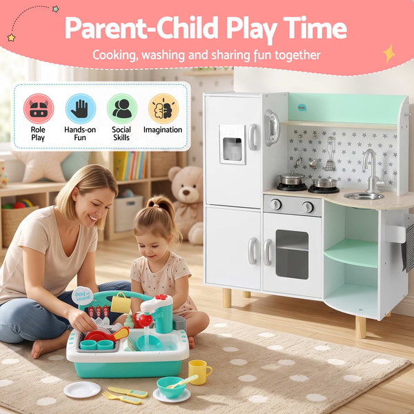 Keezi Kid Pretend Kitchen Wooden Play Sink Playset Dishwasher Toys Green Awezingly