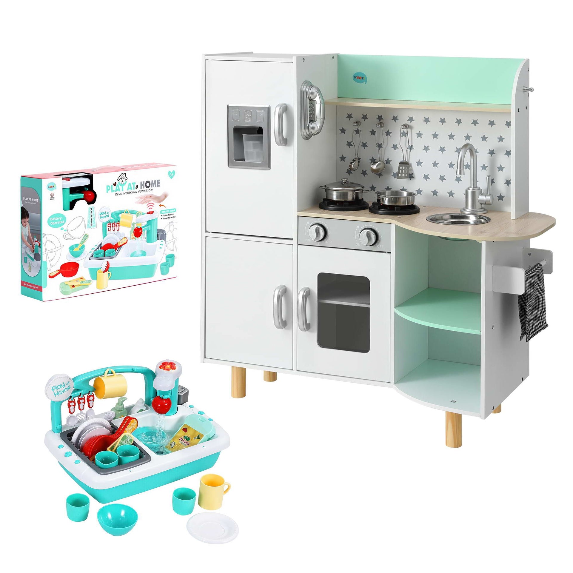 Keezi Kid Pretend Kitchen Wooden Play Sink Playset Dishwasher Toys Green Awezingly