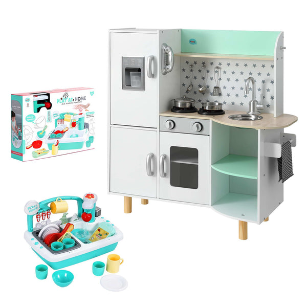 Keezi Kid Pretend Kitchen Wooden Play Sink Playset Dishwasher Toys Green Awezingly