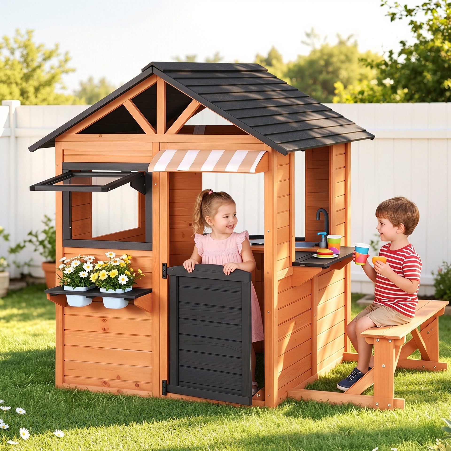 Keezi Kids Pretend Kitchen Wooden Cubby House Outdoor Playhouse Side Bench Awezingly