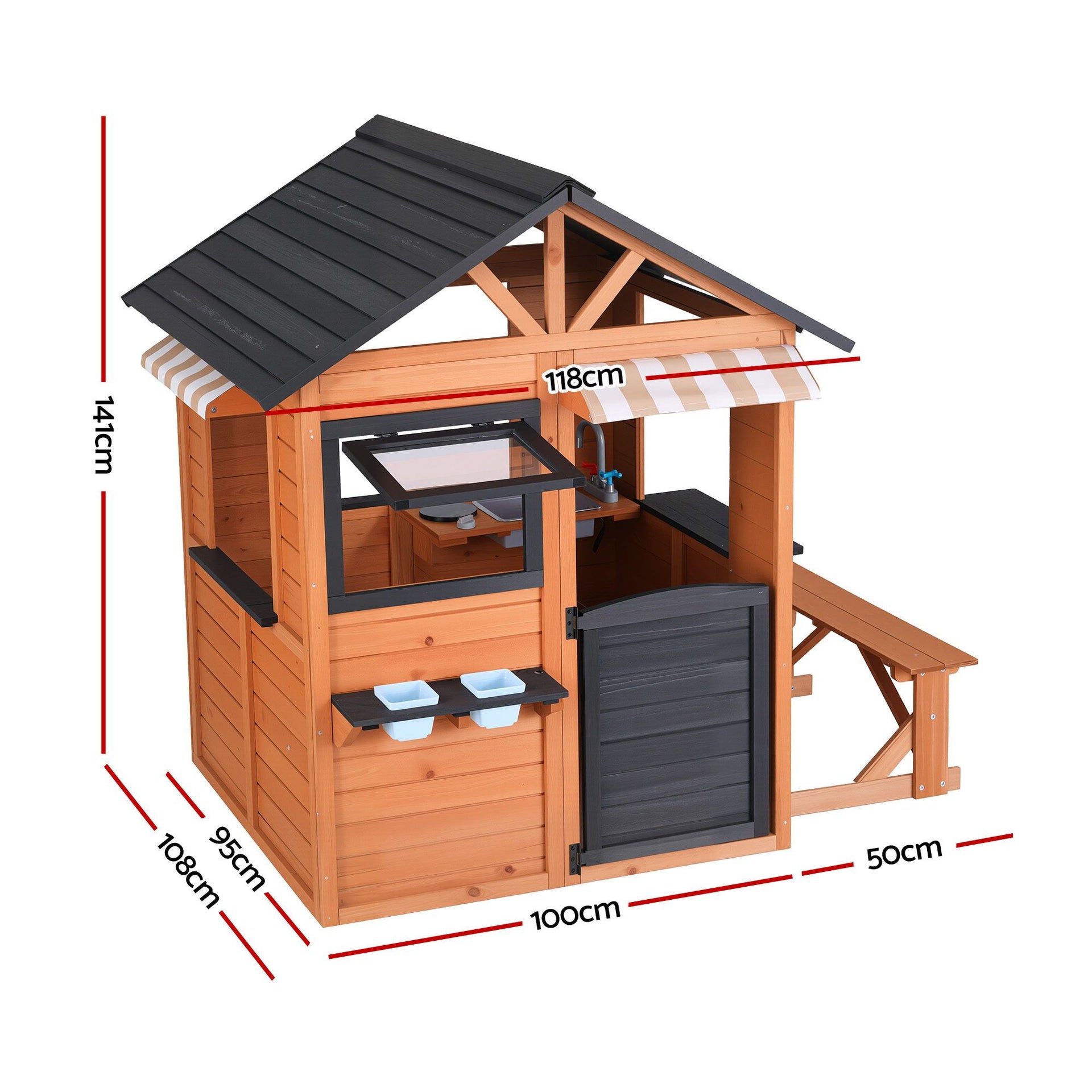 Keezi Kids Pretend Kitchen Wooden Cubby House Outdoor Playhouse Side Bench Awezingly