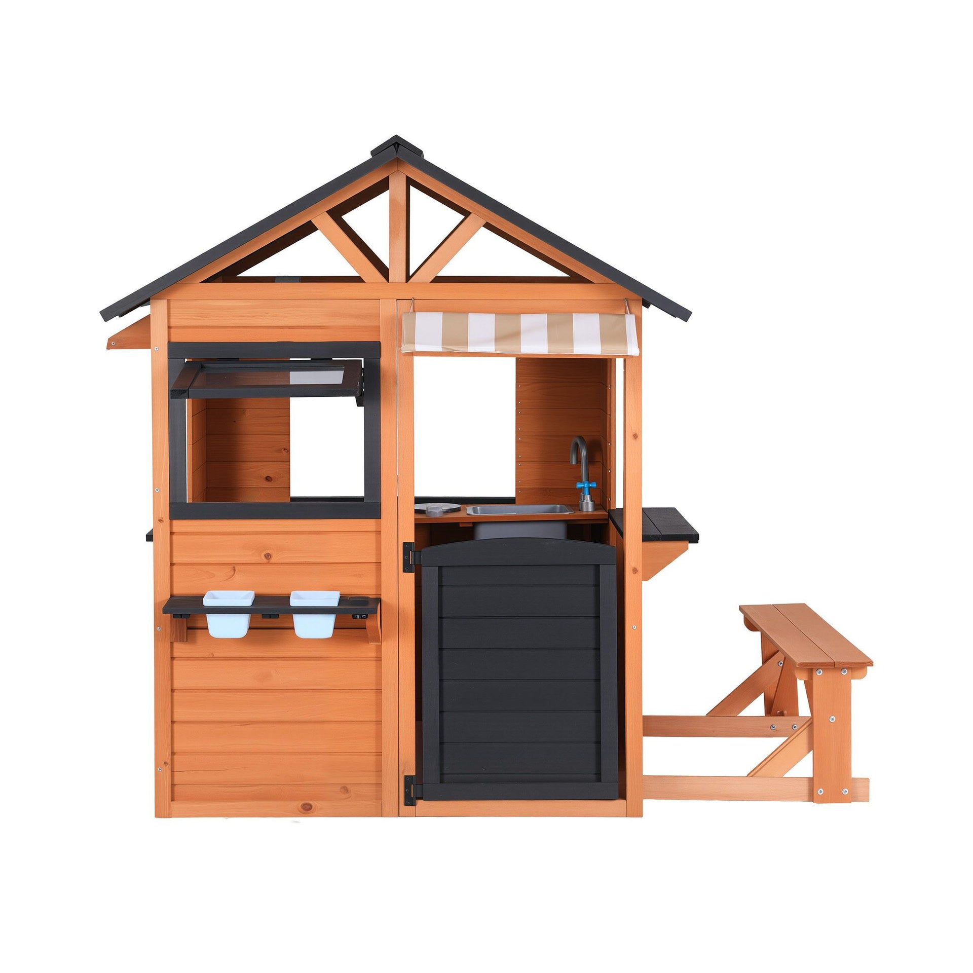Keezi Kids Pretend Kitchen Wooden Cubby House Outdoor Playhouse Side Bench Awezingly
