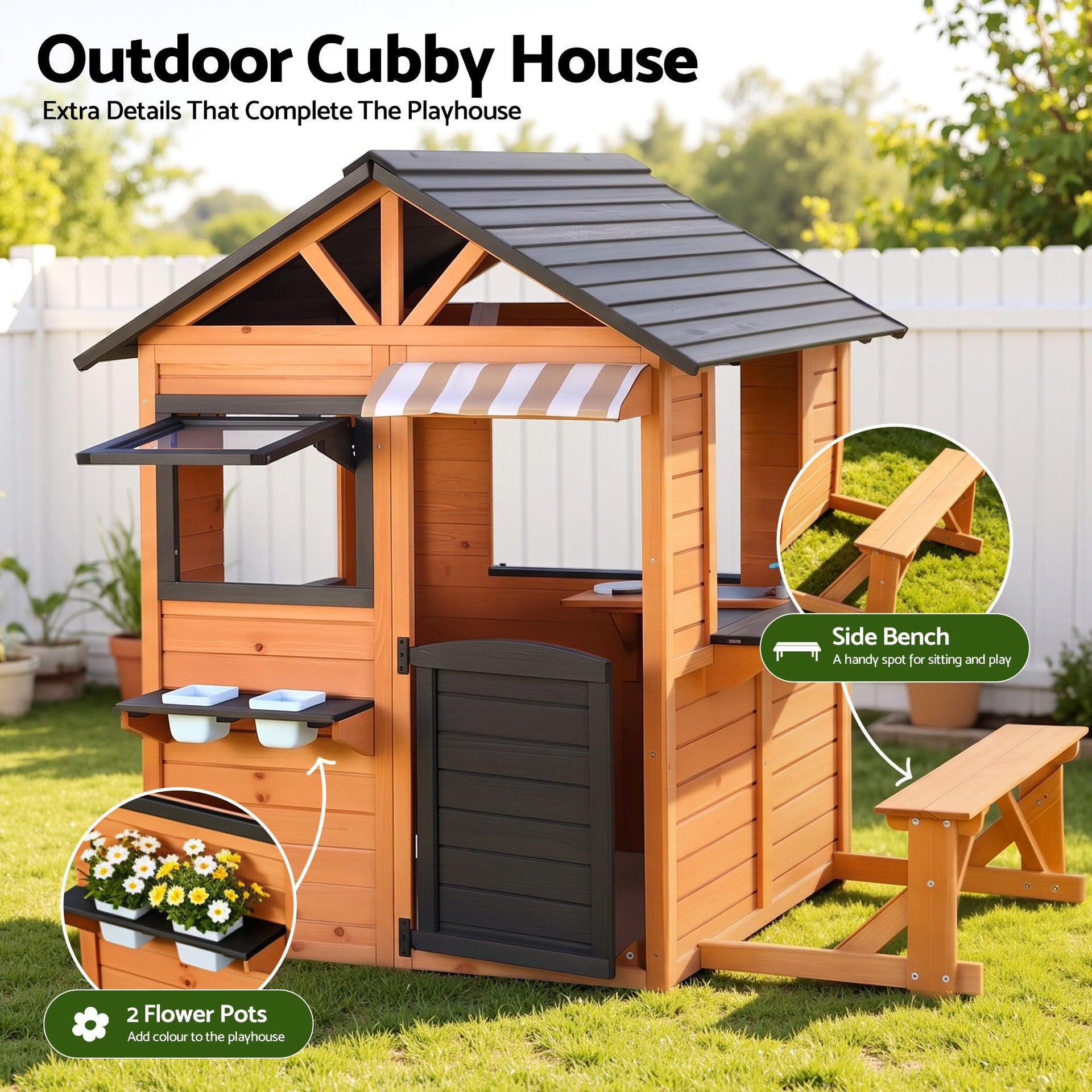 Keezi Kids Pretend Kitchen Wooden Cubby House Outdoor Playhouse Side Bench Awezingly