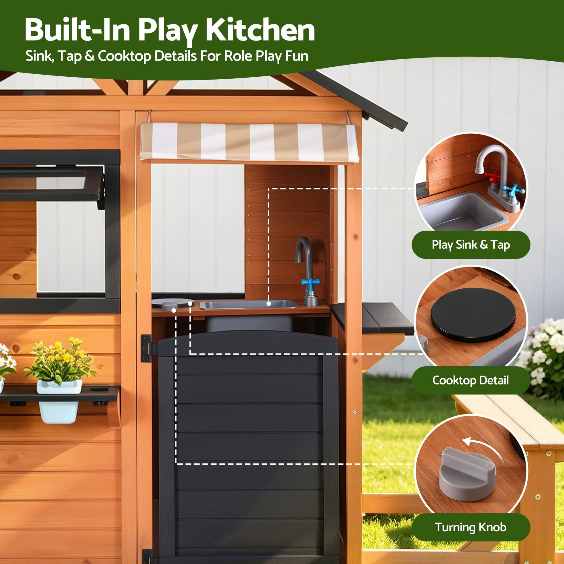 Keezi Kids Pretend Kitchen Wooden Cubby House Outdoor Playhouse Side Bench Awezingly