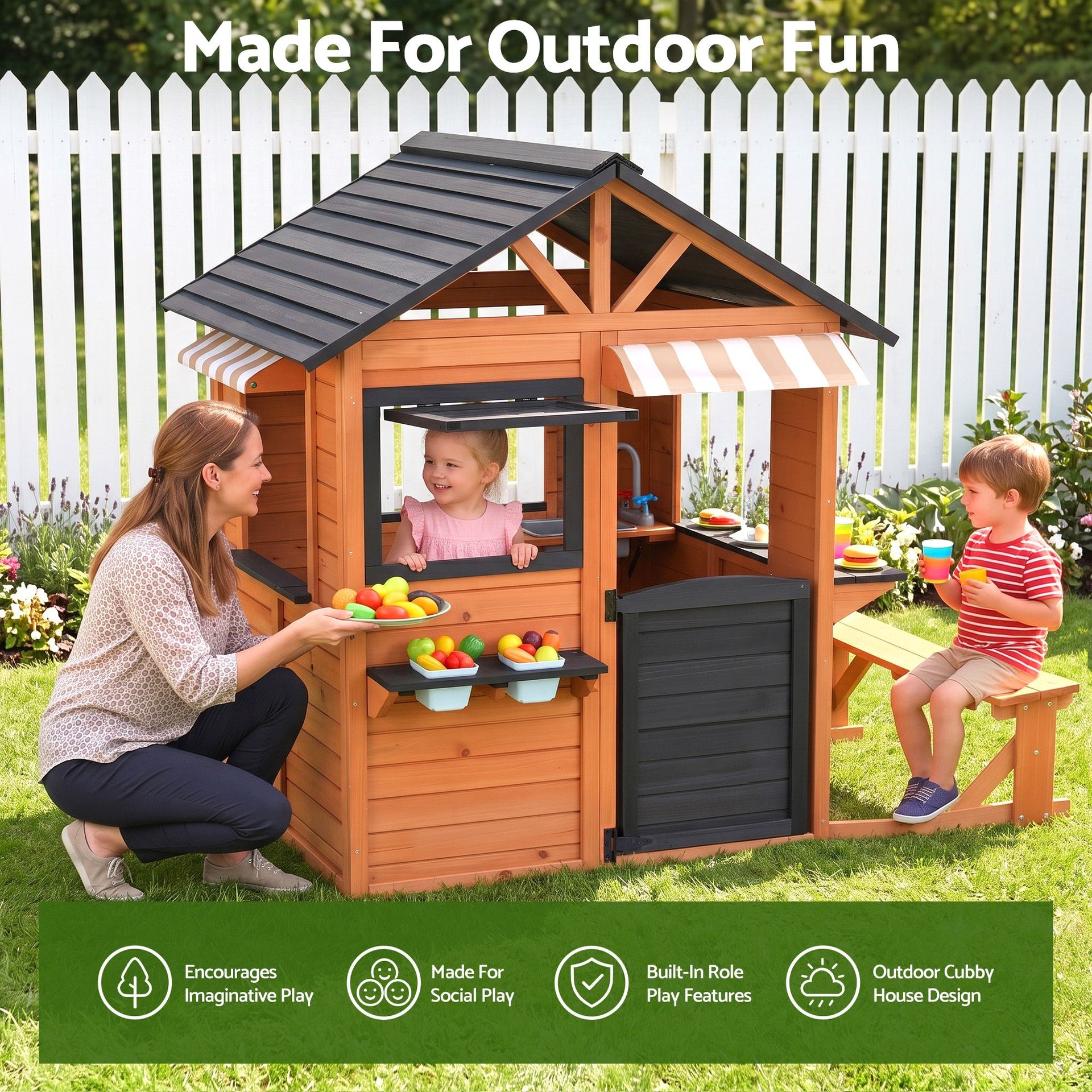 Keezi Kids Pretend Kitchen Wooden Cubby House Outdoor Playhouse Side Bench Awezingly