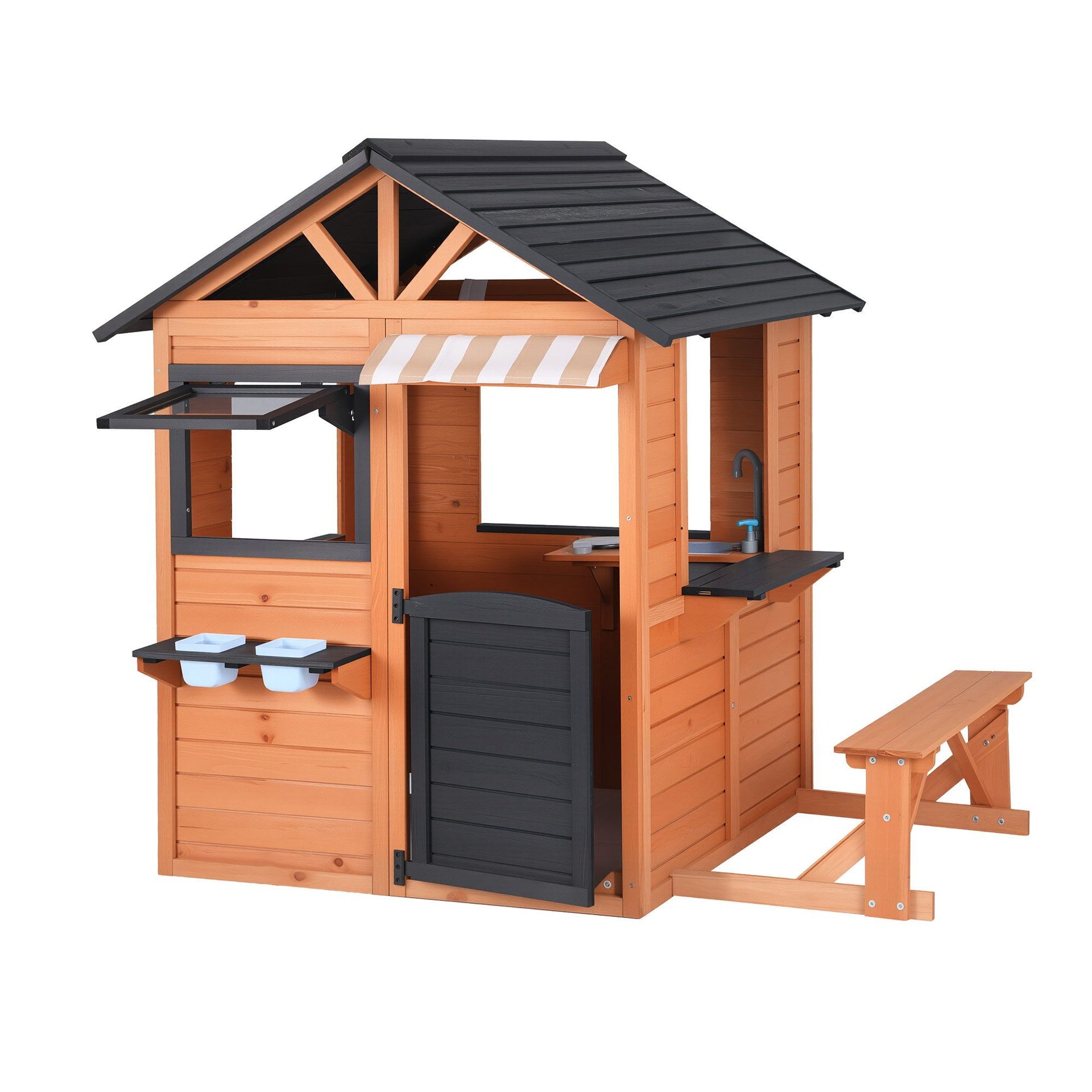 Keezi Kids Pretend Kitchen Wooden Cubby House Outdoor Playhouse Side Bench Awezingly