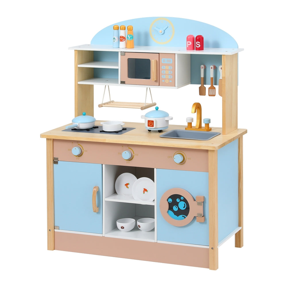 Keezi Kids Wooden Pretend Kitchen Play Sets Cooking Toys Pot Pan Bowls Oven Dishwasher 80CM Blue Keezi