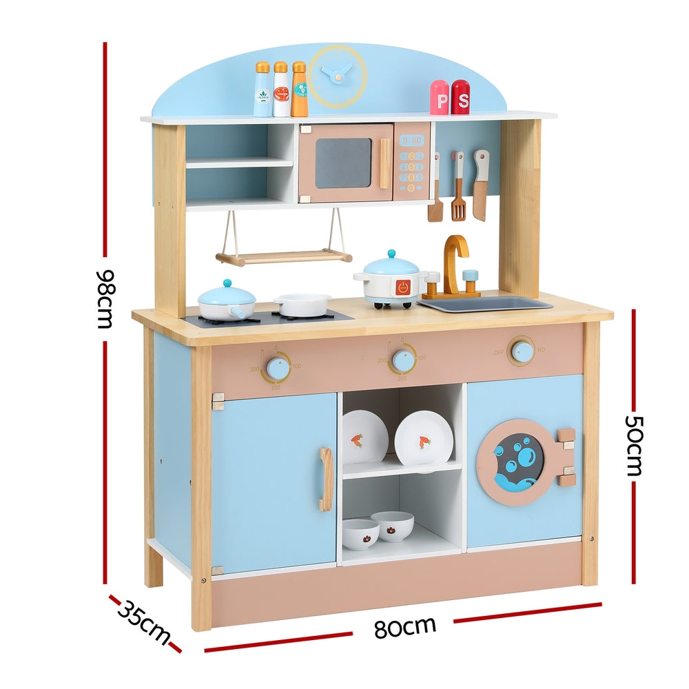 Keezi Kids Wooden Pretend Kitchen Play Sets Cooking Toys Pot Pan Bowls Oven Dishwasher 80CM Blue Keezi