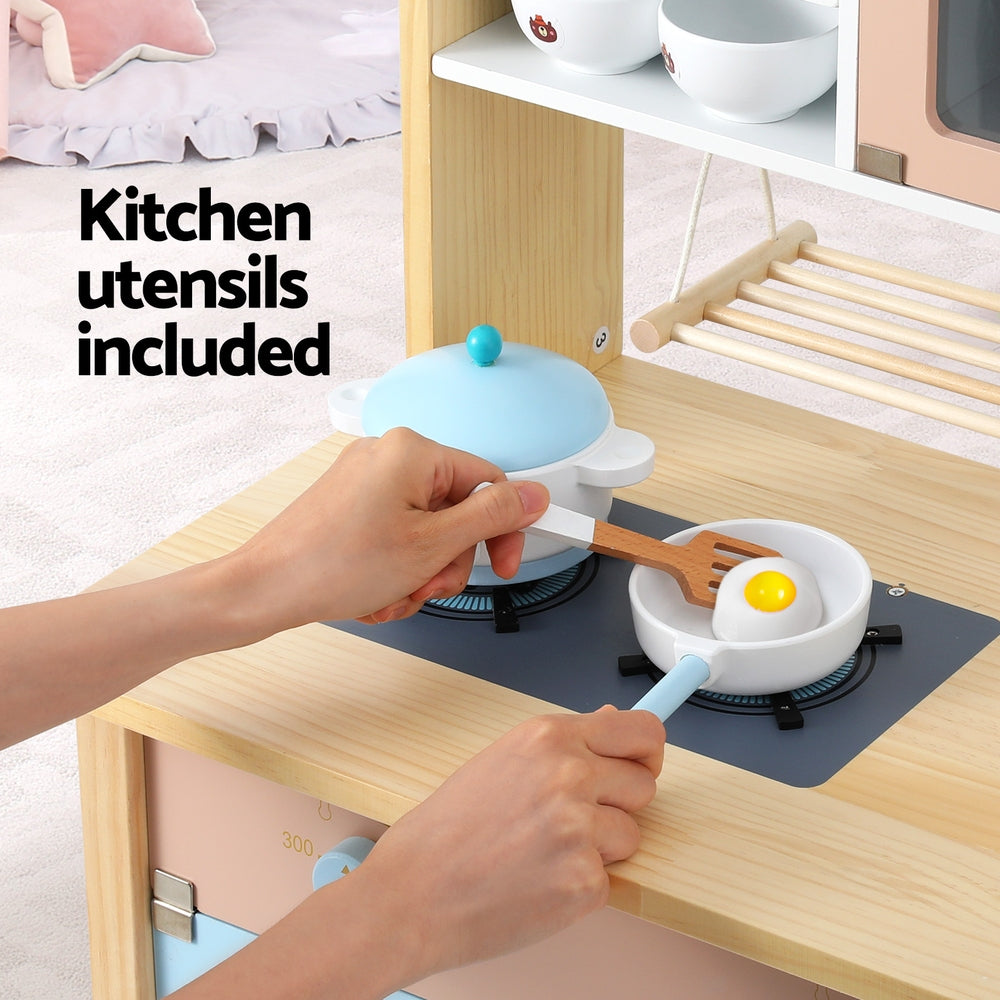 Keezi Kids Wooden Pretend Kitchen Play Sets Cooking Toys Pot Pan Bowls Oven Dishwasher 80CM Blue Keezi