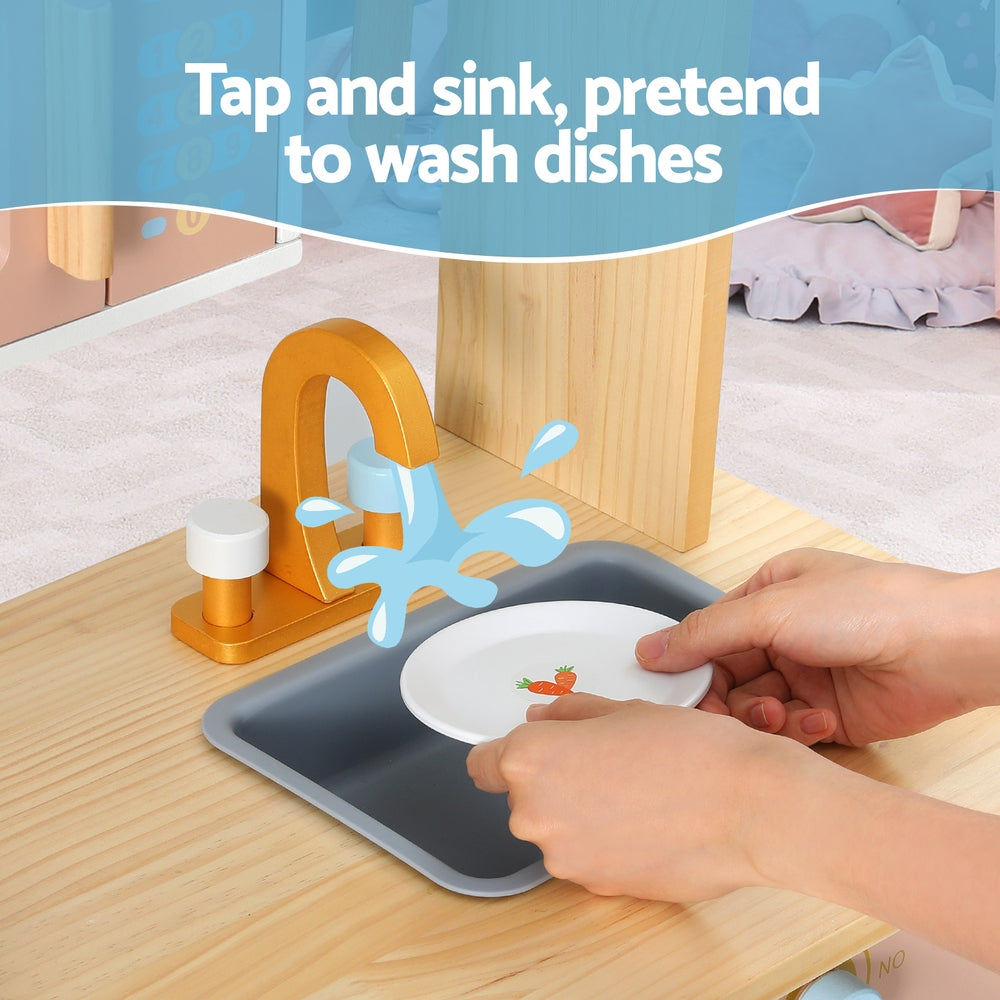 Keezi Kids Wooden Pretend Kitchen Play Sets Cooking Toys Pot Pan Bowls Oven Dishwasher 80CM Blue Keezi