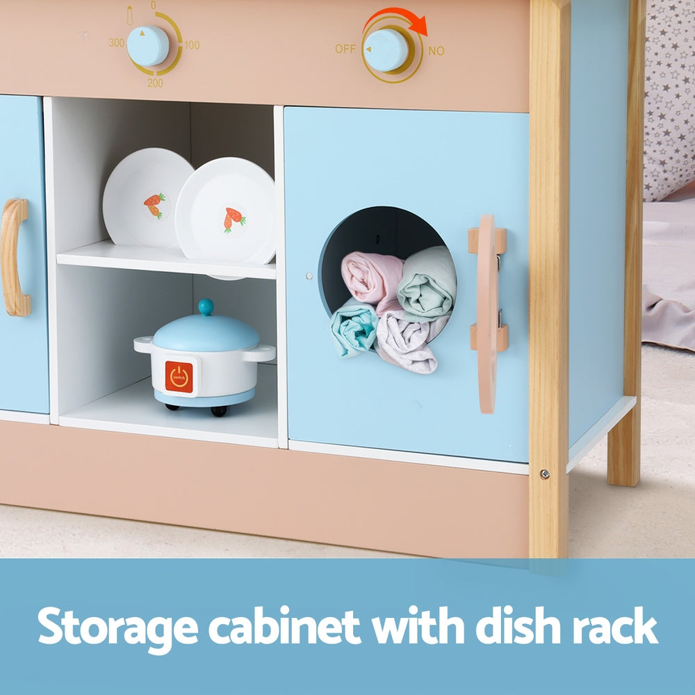 Keezi Kids Wooden Pretend Kitchen Play Sets Cooking Toys Pot Pan Bowls Oven Dishwasher 80CM Blue Keezi