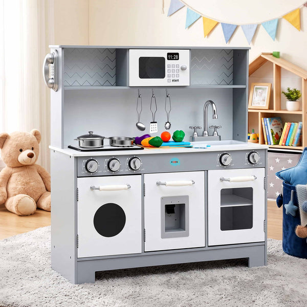 Keezi Wooden Play Kitchen Pretend Kitchen 82cm Kids Toy Food Set Grey Awezingly