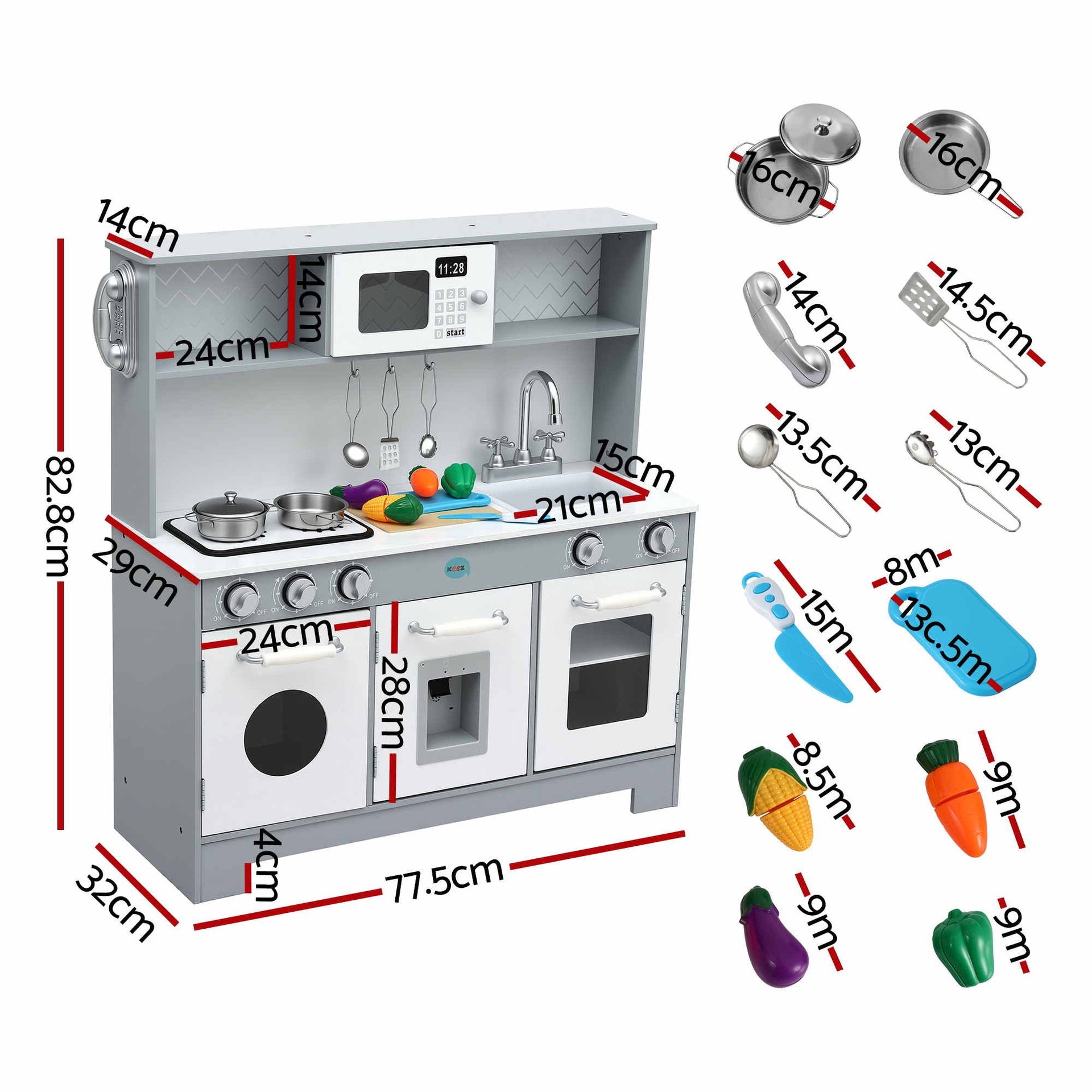Keezi Wooden Play Kitchen Pretend Kitchen 82cm Kids Toy Food Set Grey Awezingly