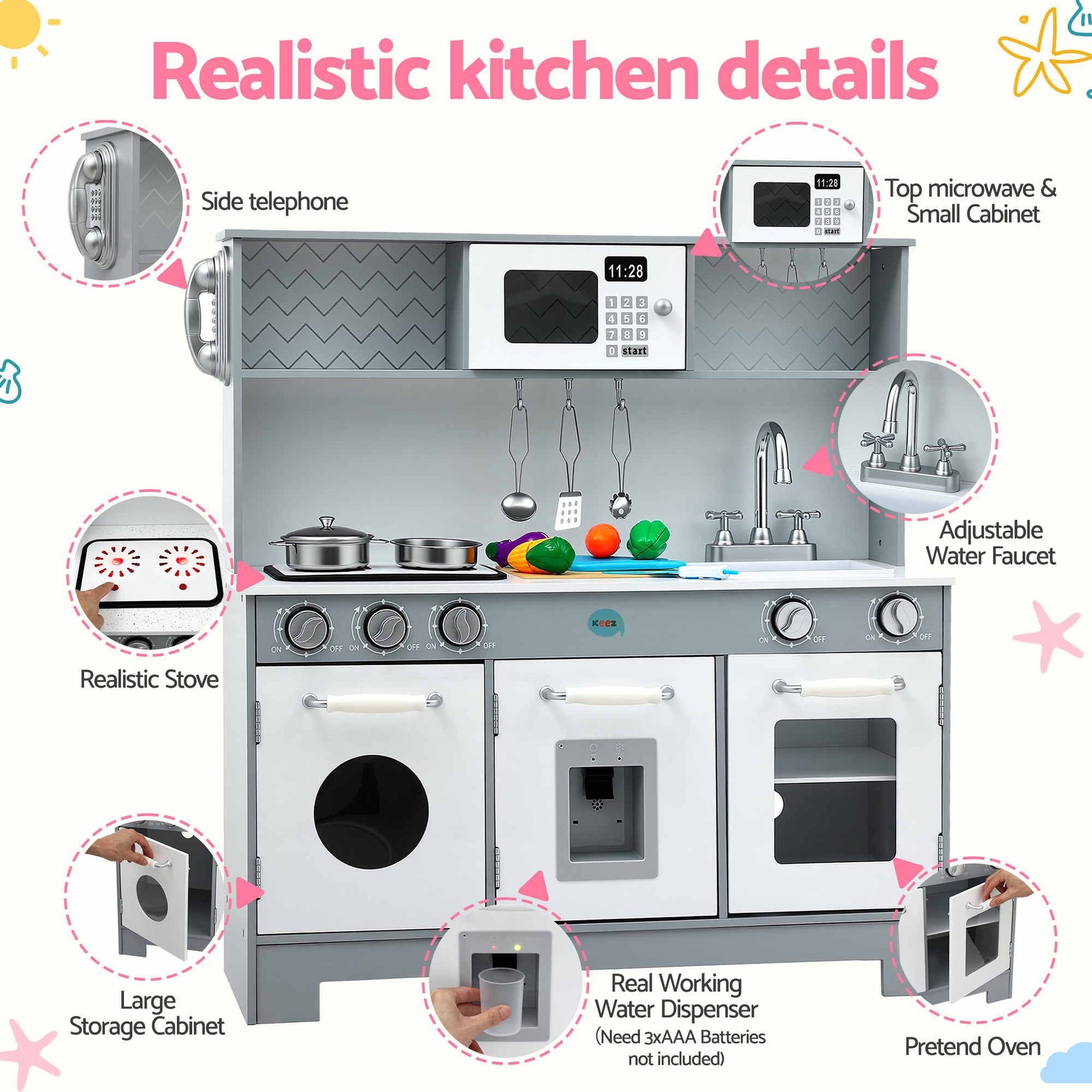 Keezi Wooden Play Kitchen Pretend Kitchen 82cm Kids Toy Food Set Grey Awezingly