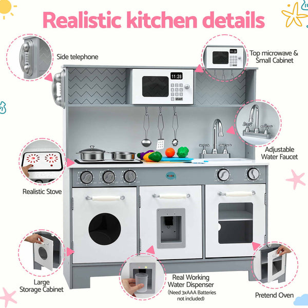 Keezi Wooden Play Kitchen Pretend Kitchen 82cm Kids Toy Food Set Grey Awezingly
