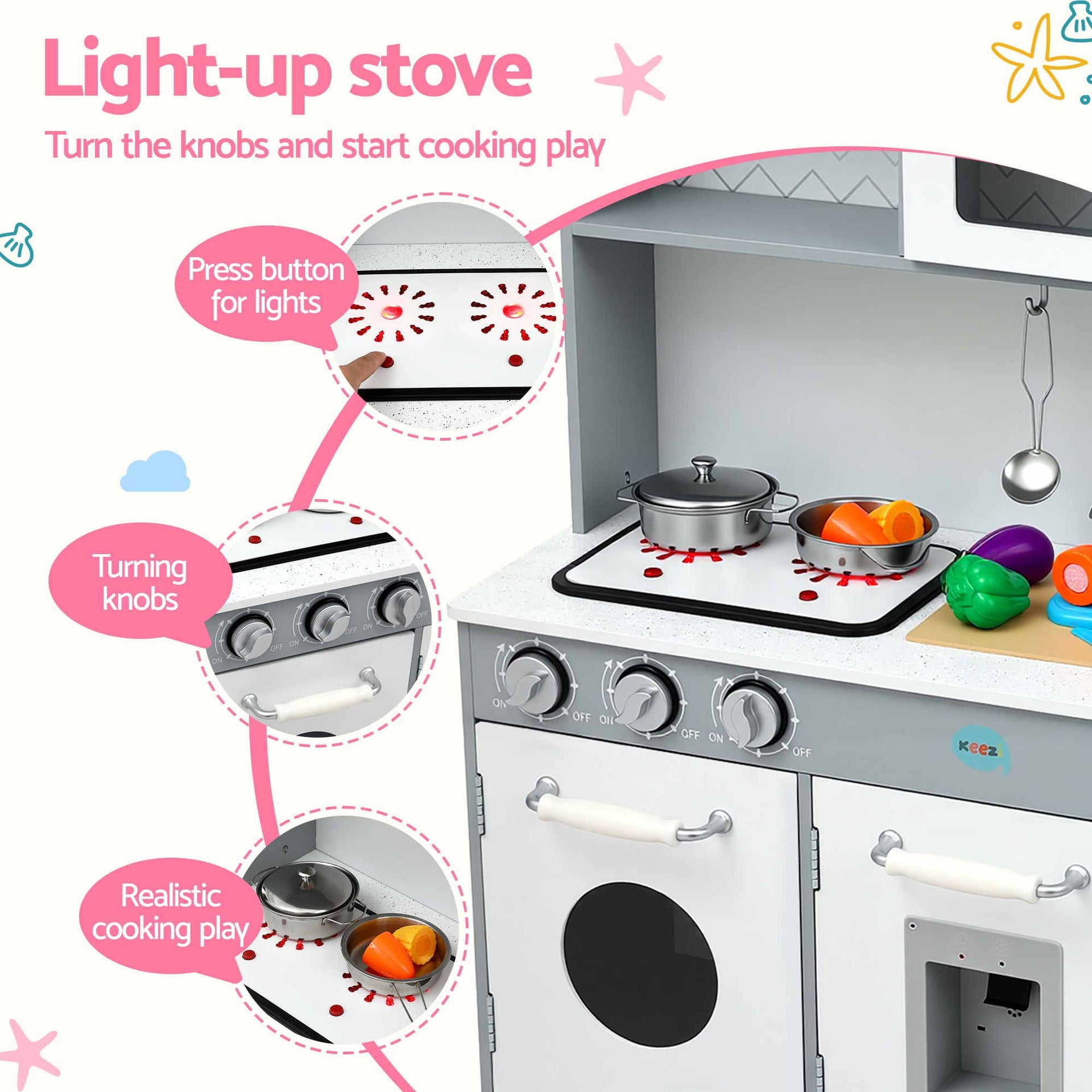 Keezi Wooden Play Kitchen Pretend Kitchen 82cm Kids Toy Food Set Grey Awezingly