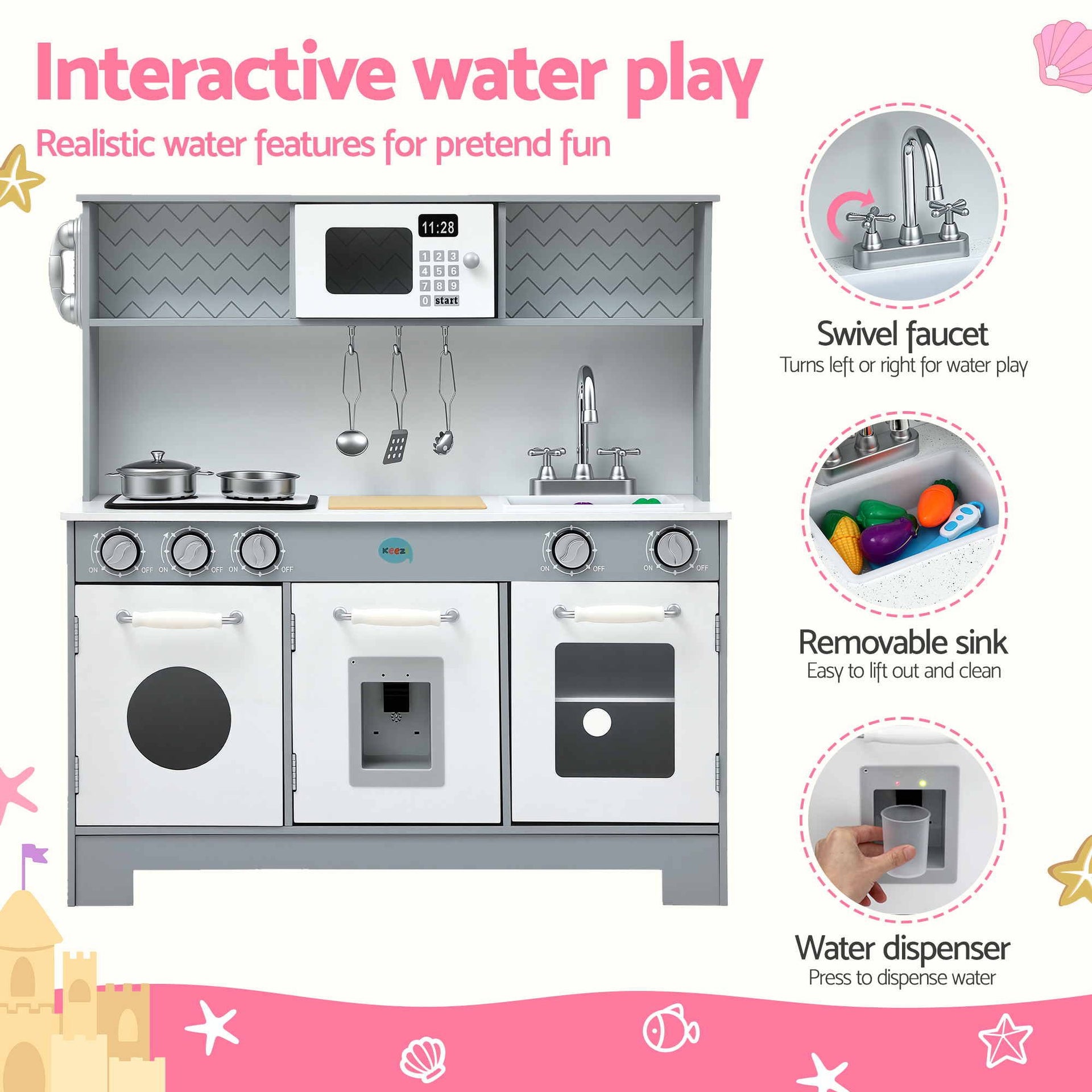 Keezi Wooden Play Kitchen Pretend Kitchen 82cm Kids Toy Food Set Grey Awezingly