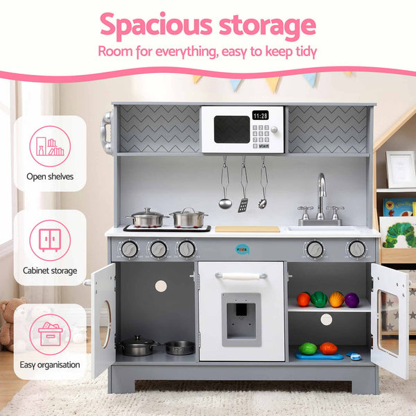 Keezi Wooden Play Kitchen Pretend Kitchen 82cm Kids Toy Food Set Grey Awezingly