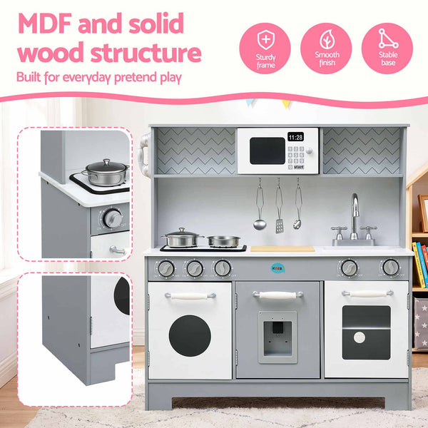 Keezi Wooden Play Kitchen Pretend Kitchen 82cm Kids Toy Food Set Grey Awezingly