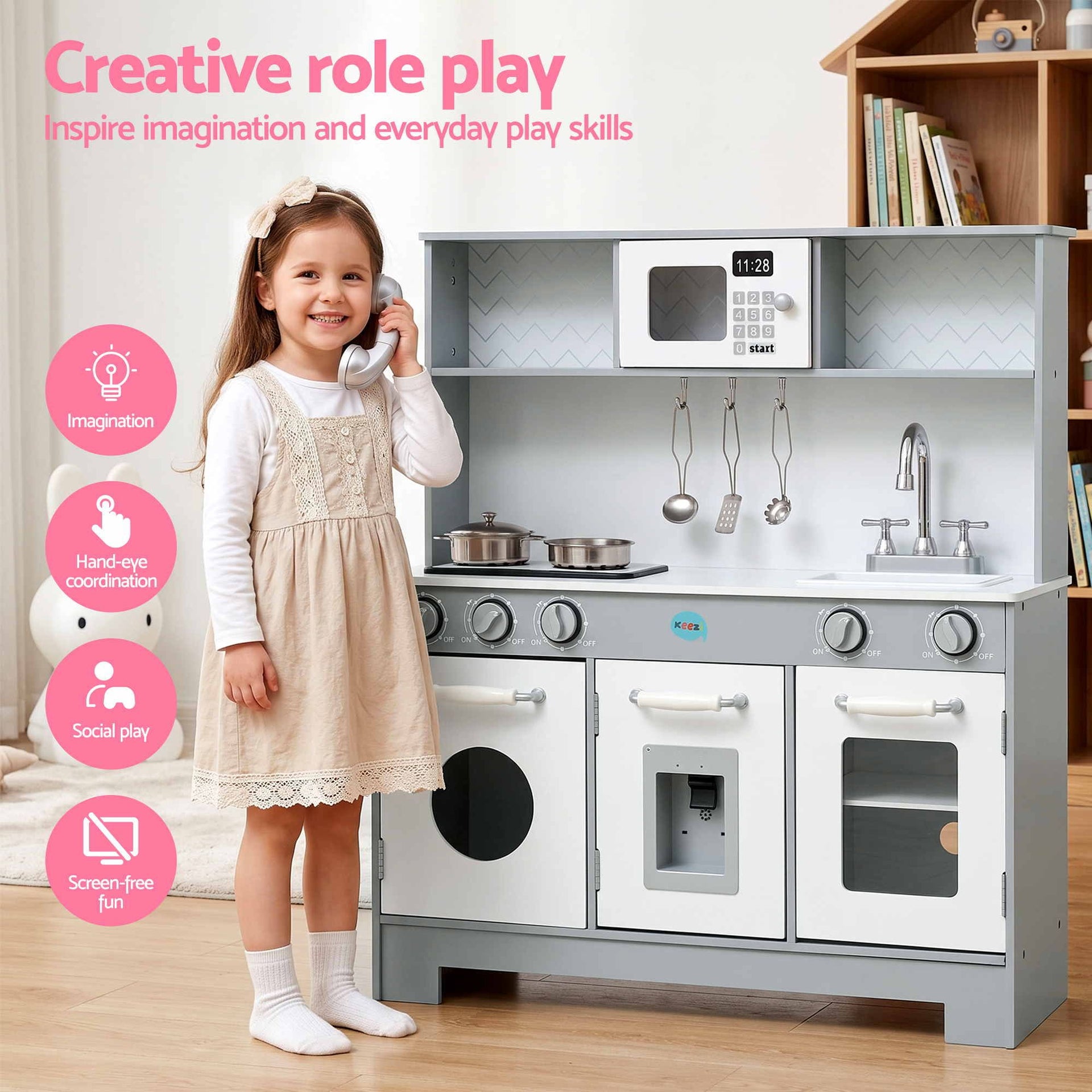 Keezi Wooden Play Kitchen Pretend Kitchen 82cm Kids Toy Food Set Grey Awezingly