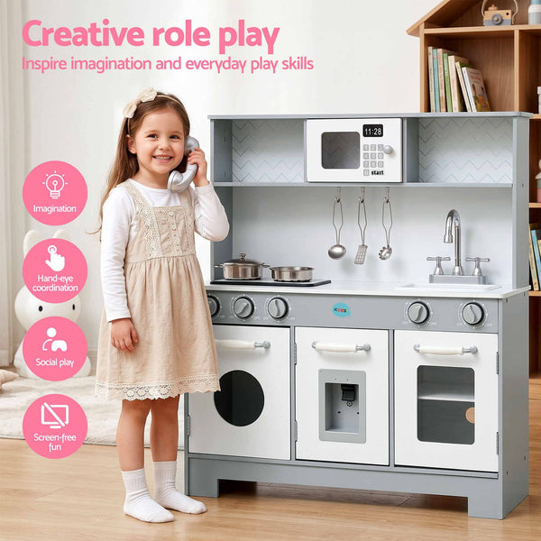 Keezi Wooden Play Kitchen Pretend Kitchen 82cm Kids Toy Food Set Grey Awezingly
