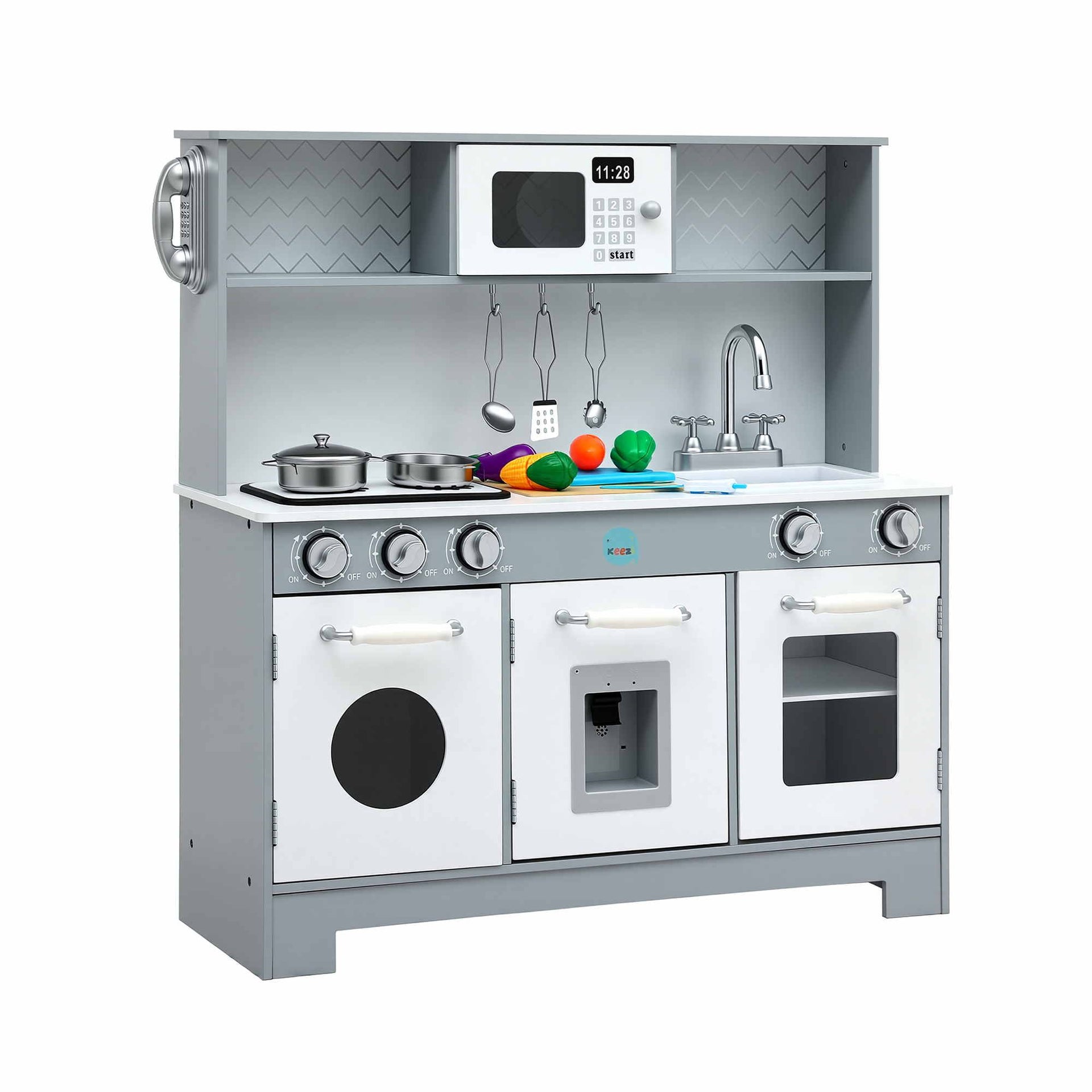Keezi Wooden Play Kitchen Pretend Kitchen 82cm Kids Toy Food Set Grey Awezingly