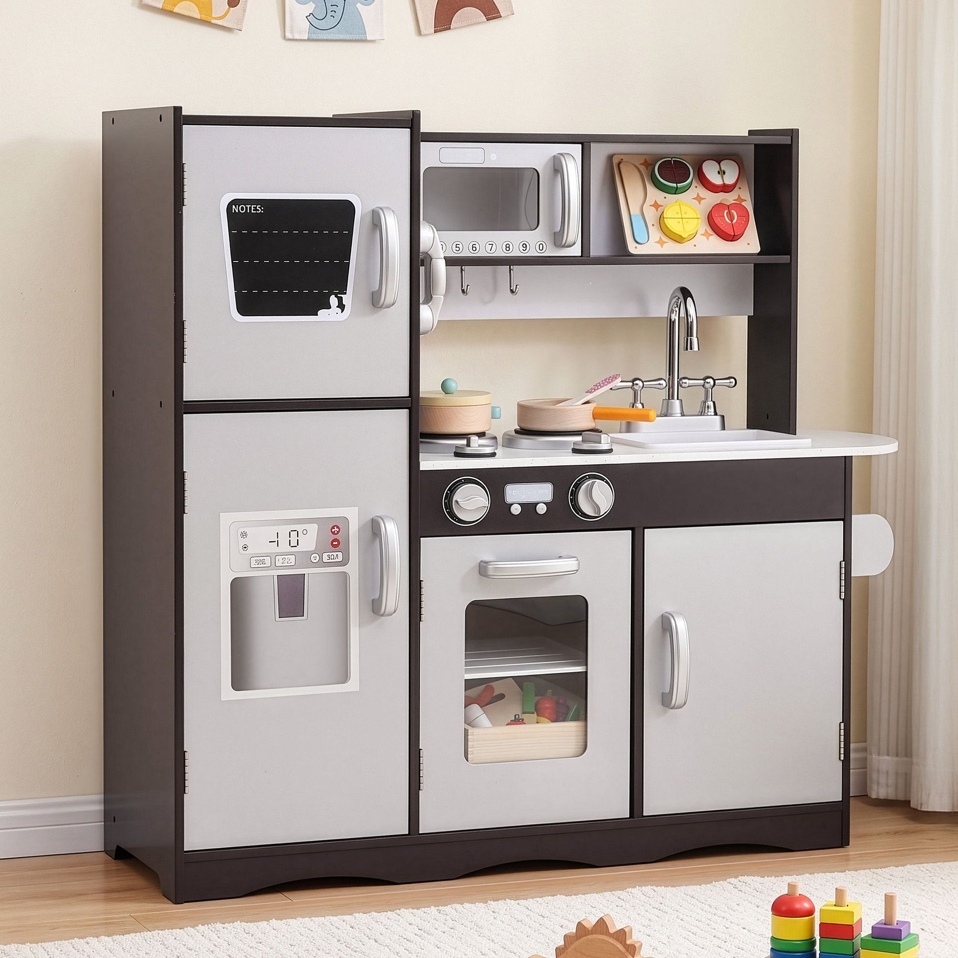 Keezi Kids Play Kitchen Pretend Toy Kitchen With Wooden Play Food Set Awezingly