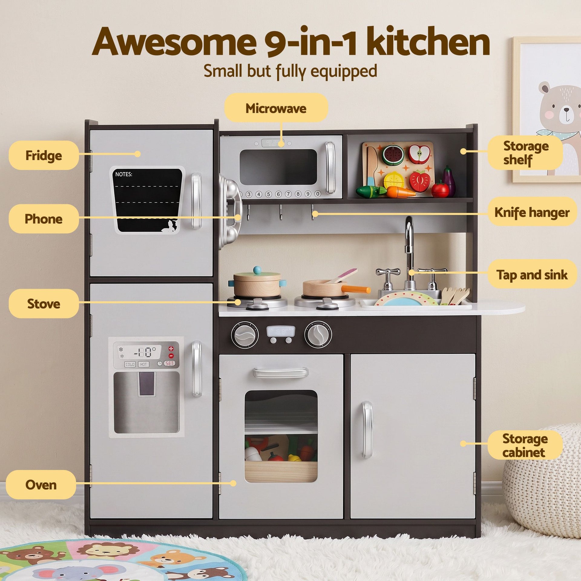 Keezi Kids Play Kitchen Pretend Toy Kitchen With Wooden Play Food Set Awezingly