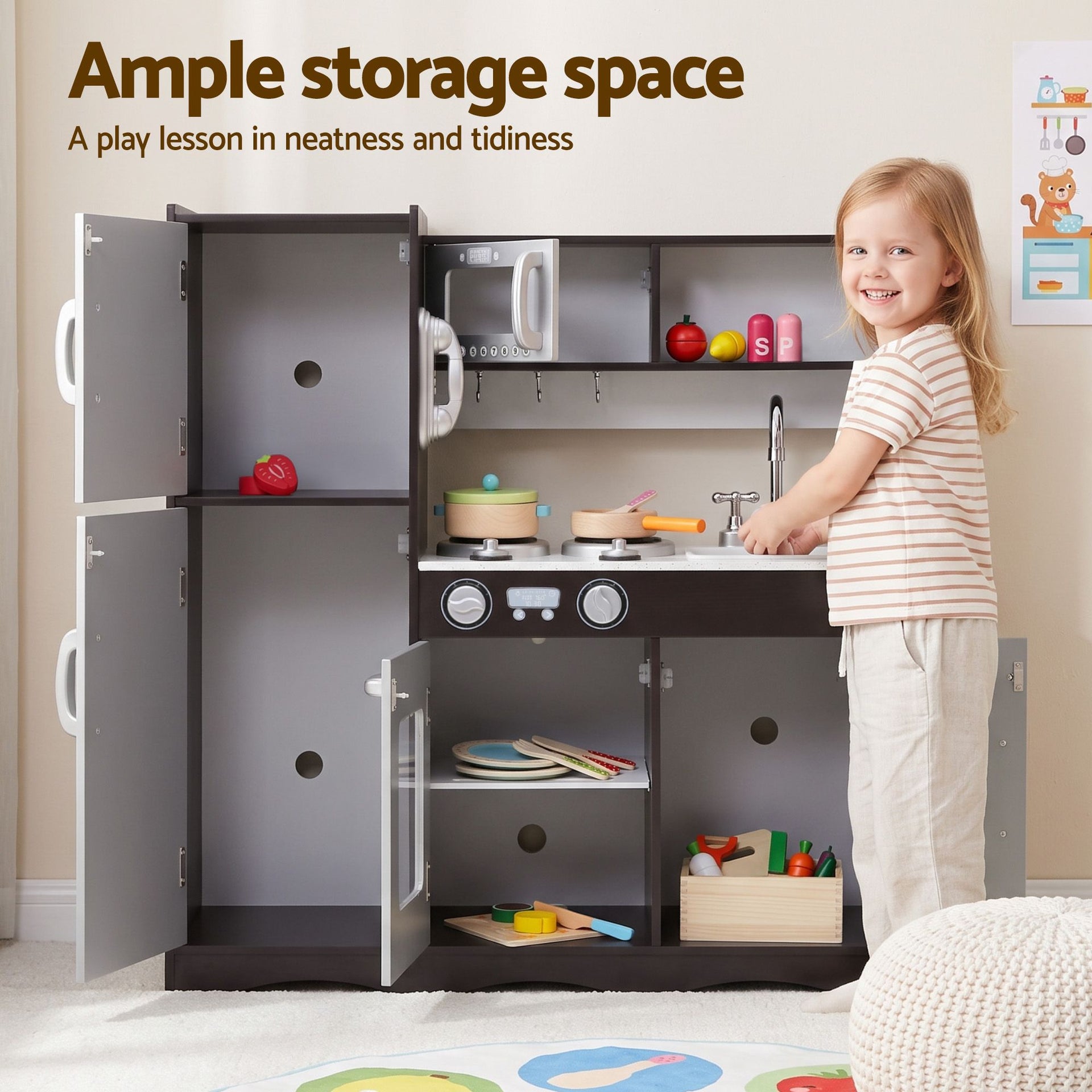Keezi Kids Play Kitchen Pretend Toy Kitchen With Wooden Play Food Set Awezingly