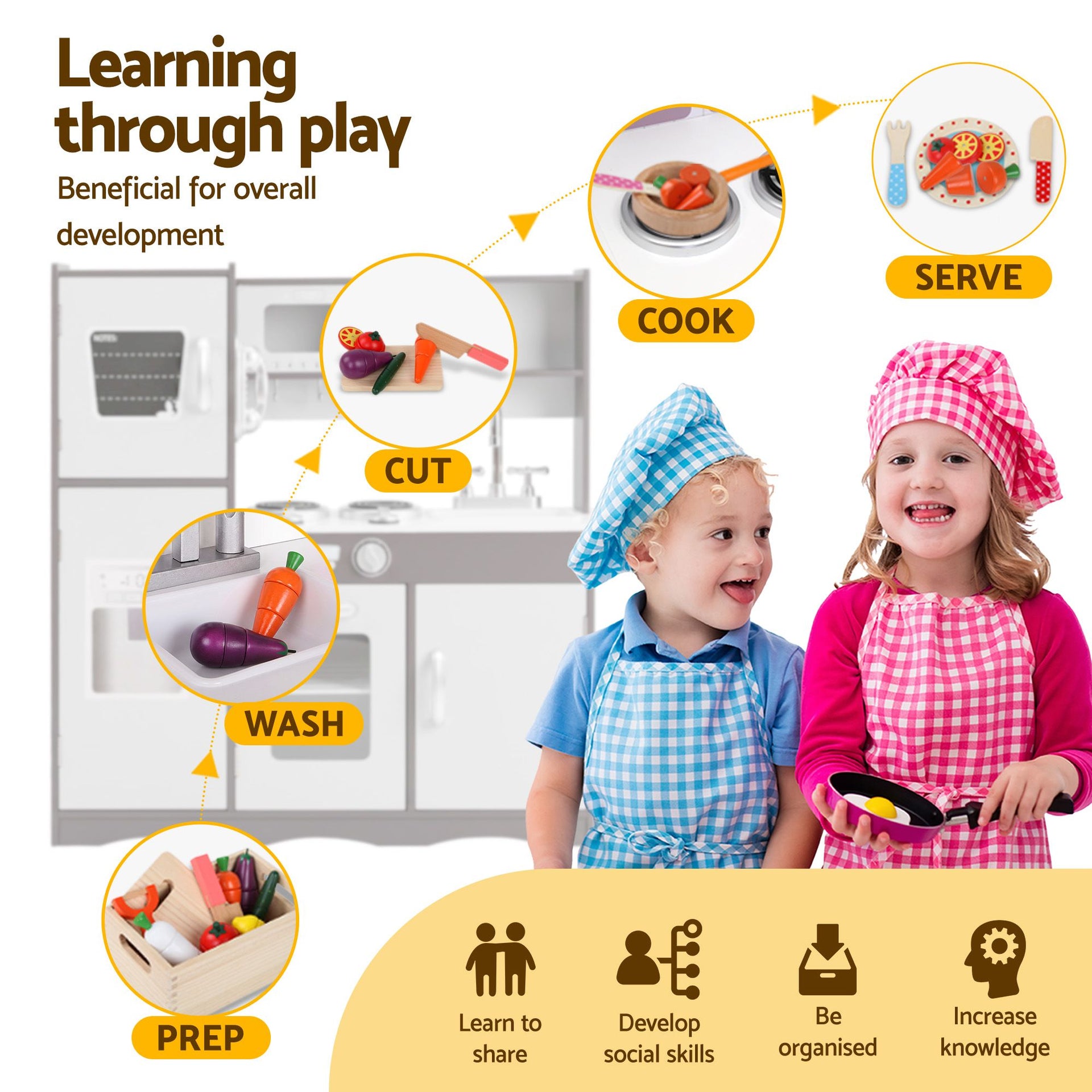 Keezi Kids Play Kitchen Pretend Toy Kitchen With Wooden Play Food Set Awezingly