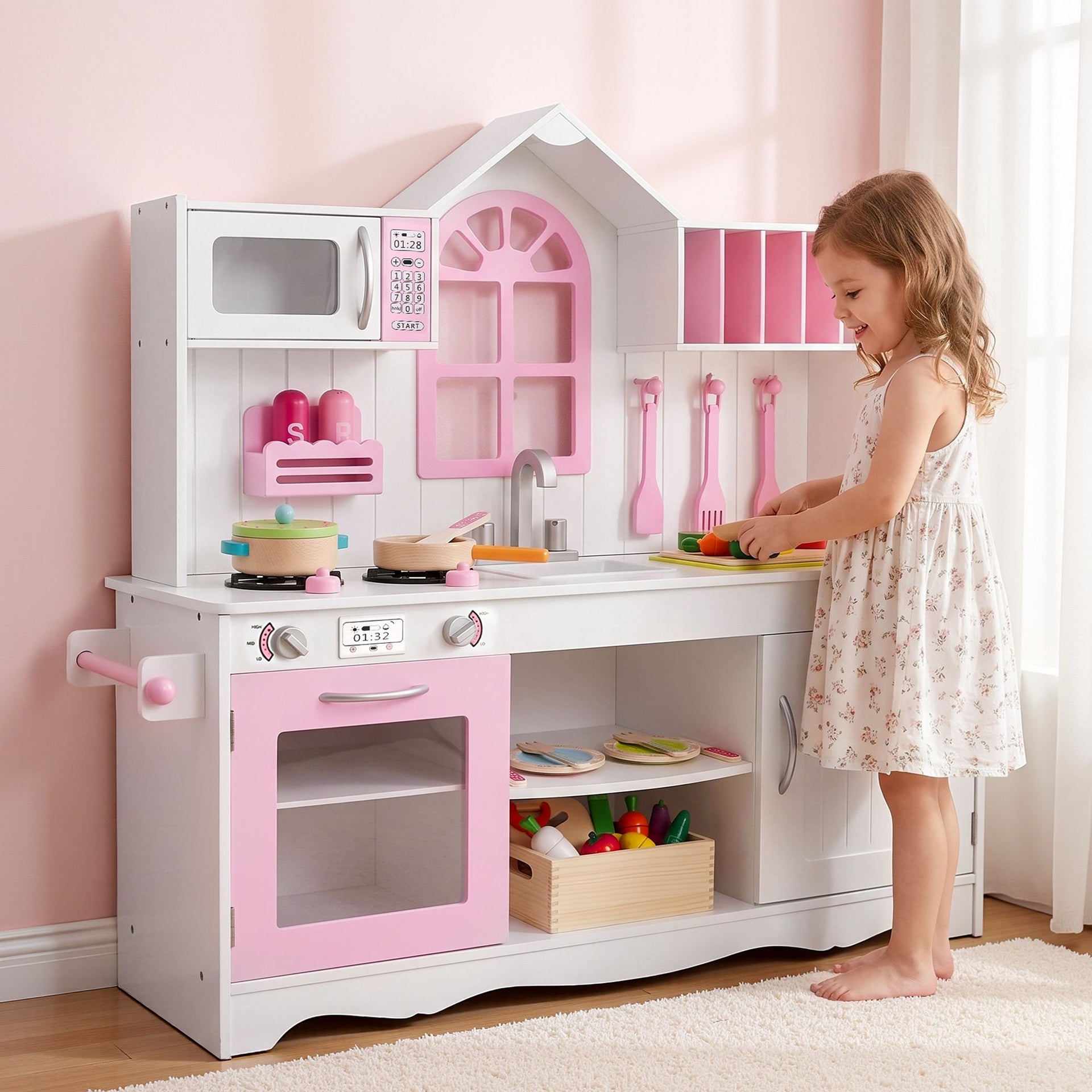 Keezi Wooden Kids Pretend Kitchen Playset with 29pc Food Set Pink White Awezingly