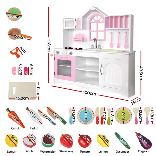 Keezi Wooden Kids Pretend Kitchen Playset with 29pc Food Set Pink White Awezingly