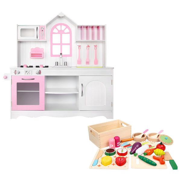 Keezi Wooden Kids Pretend Kitchen Playset with 29pc Food Set Pink White Awezingly