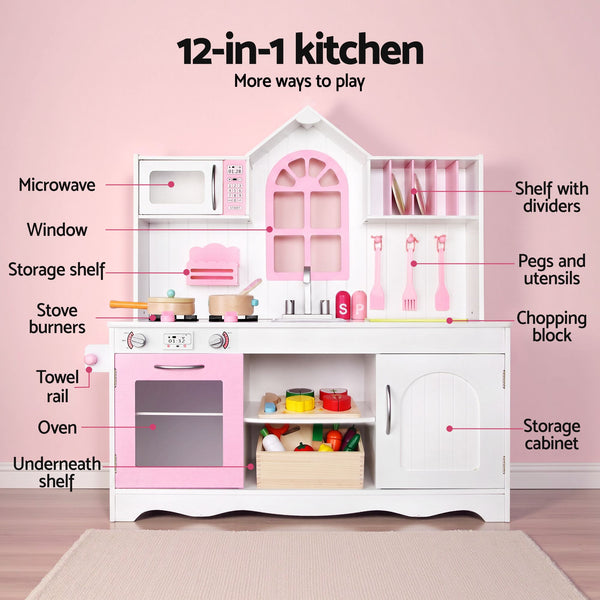 Keezi Wooden Kids Pretend Kitchen Playset with 29pc Food Set Pink White Awezingly