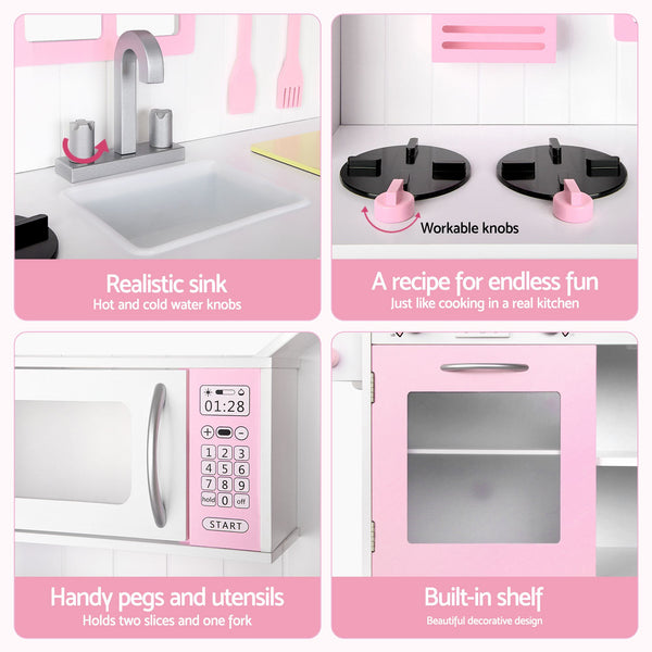 Keezi Wooden Kids Pretend Kitchen Playset with 29pc Food Set Pink White Awezingly