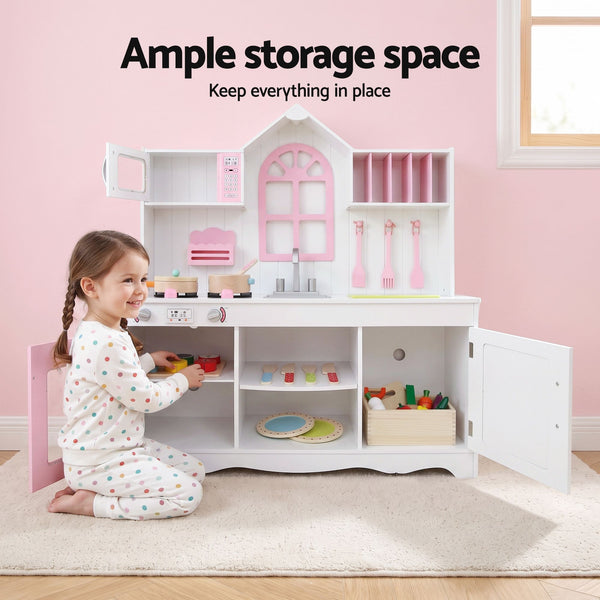 Keezi Wooden Kids Pretend Kitchen Playset with 29pc Food Set Pink White Awezingly