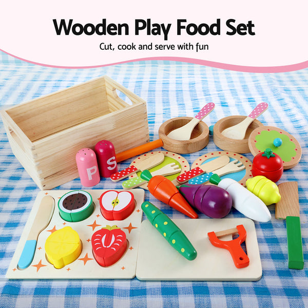 Keezi Wooden Kids Pretend Kitchen Playset with 29pc Food Set Pink White Awezingly