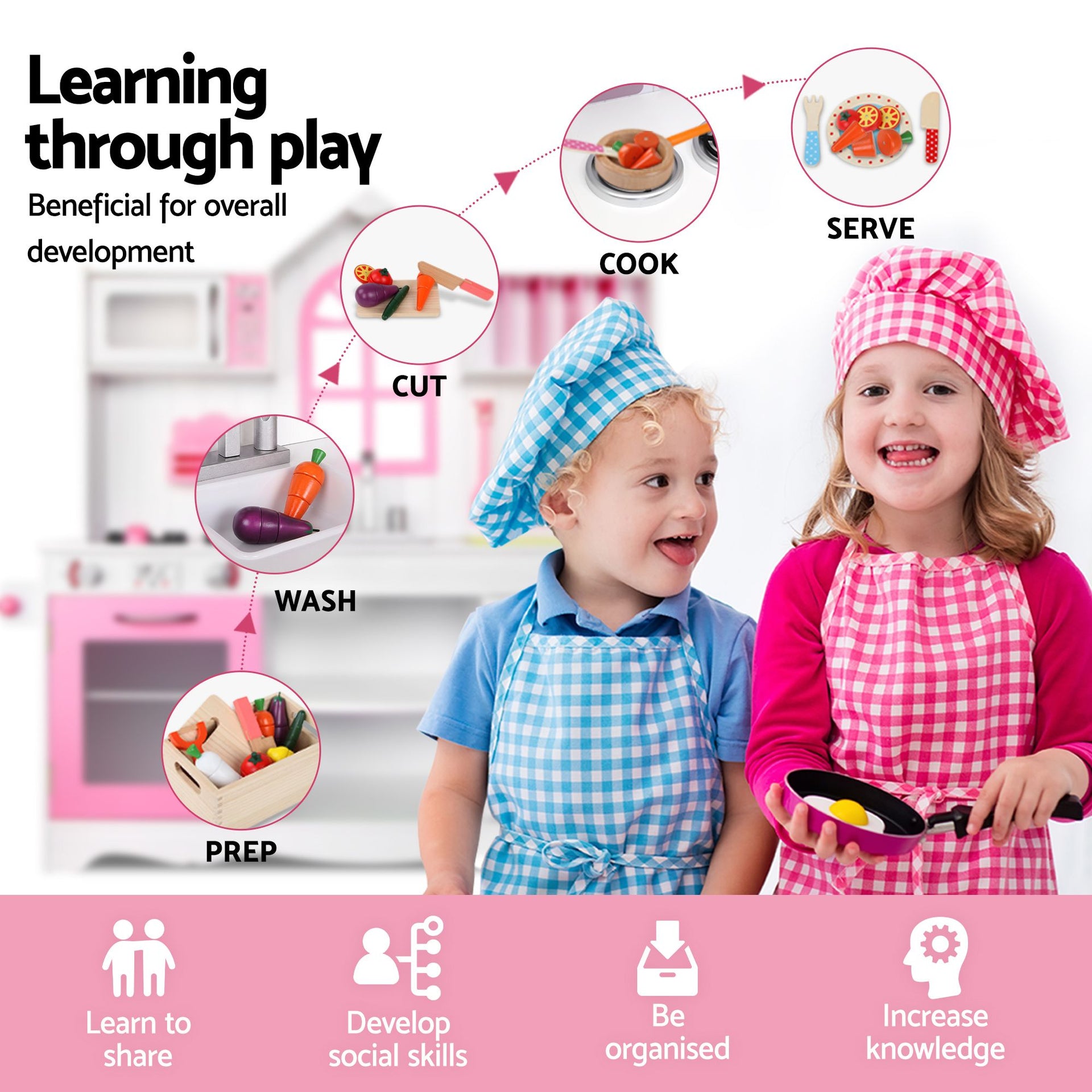 Keezi Wooden Kids Pretend Kitchen Playset with 29pc Food Set Pink White Awezingly