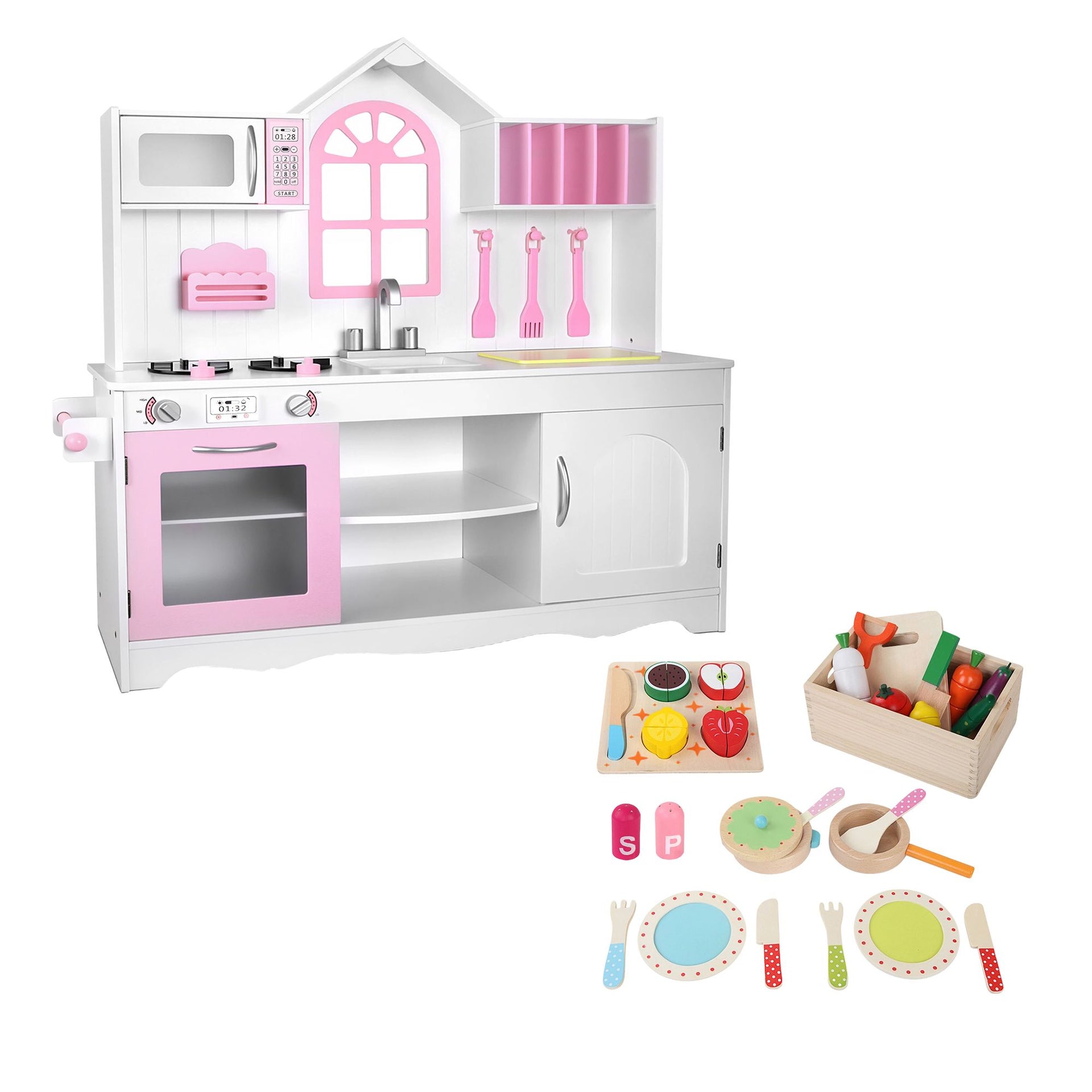 Keezi Wooden Kids Pretend Kitchen Playset with 29pc Food Set Pink White Awezingly