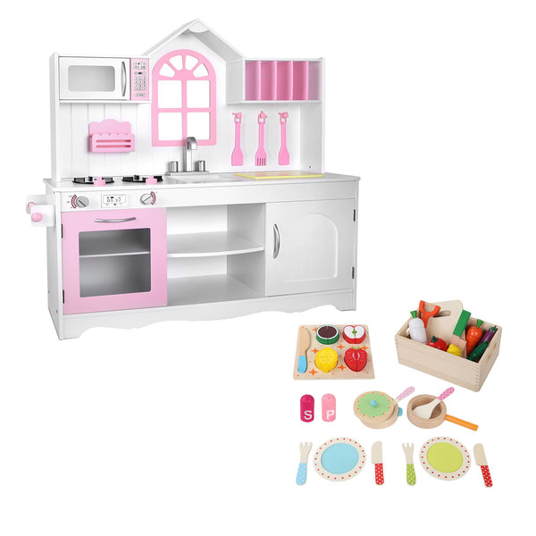 Keezi Wooden Kids Pretend Kitchen Playset with 29pc Food Set Pink White Awezingly