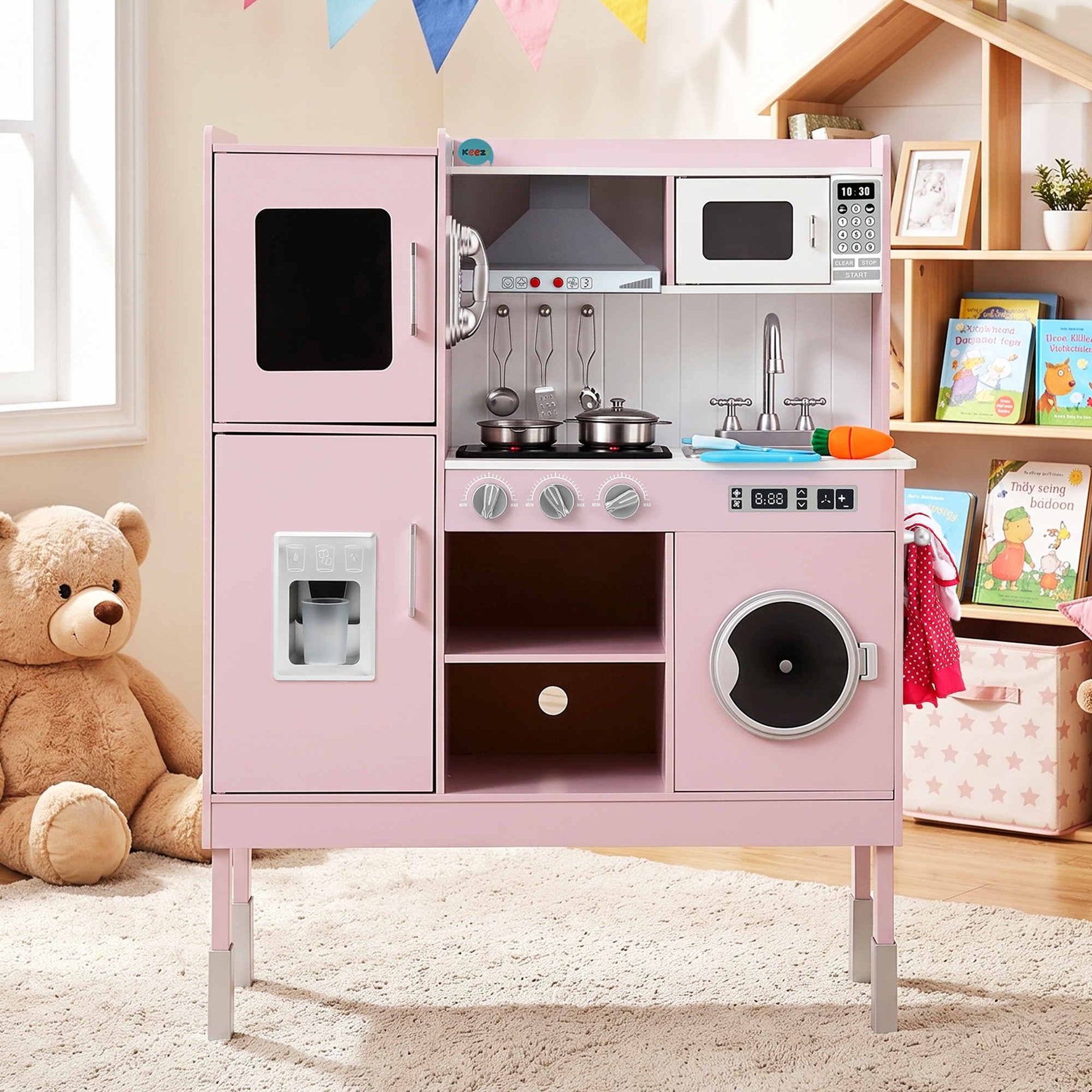 Keezi 102cm Wooden Pretend Kitchen Playset With Apron And Food Set1 Pink Awezingly