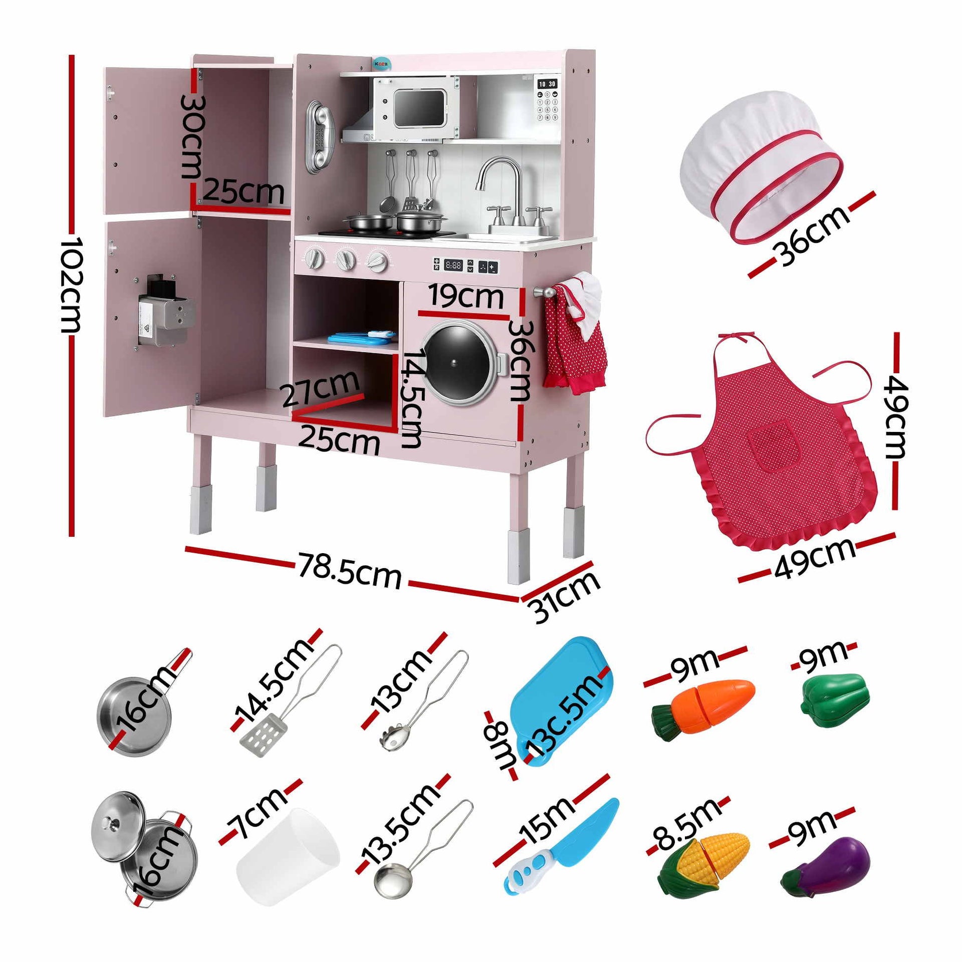 Keezi 102cm Wooden Pretend Kitchen Playset With Apron And Food Set1 Pink Awezingly