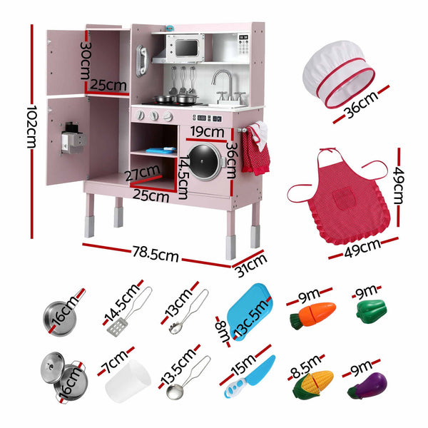 Keezi 102cm Wooden Pretend Kitchen Playset With Apron And Food Set1 Pink Awezingly
