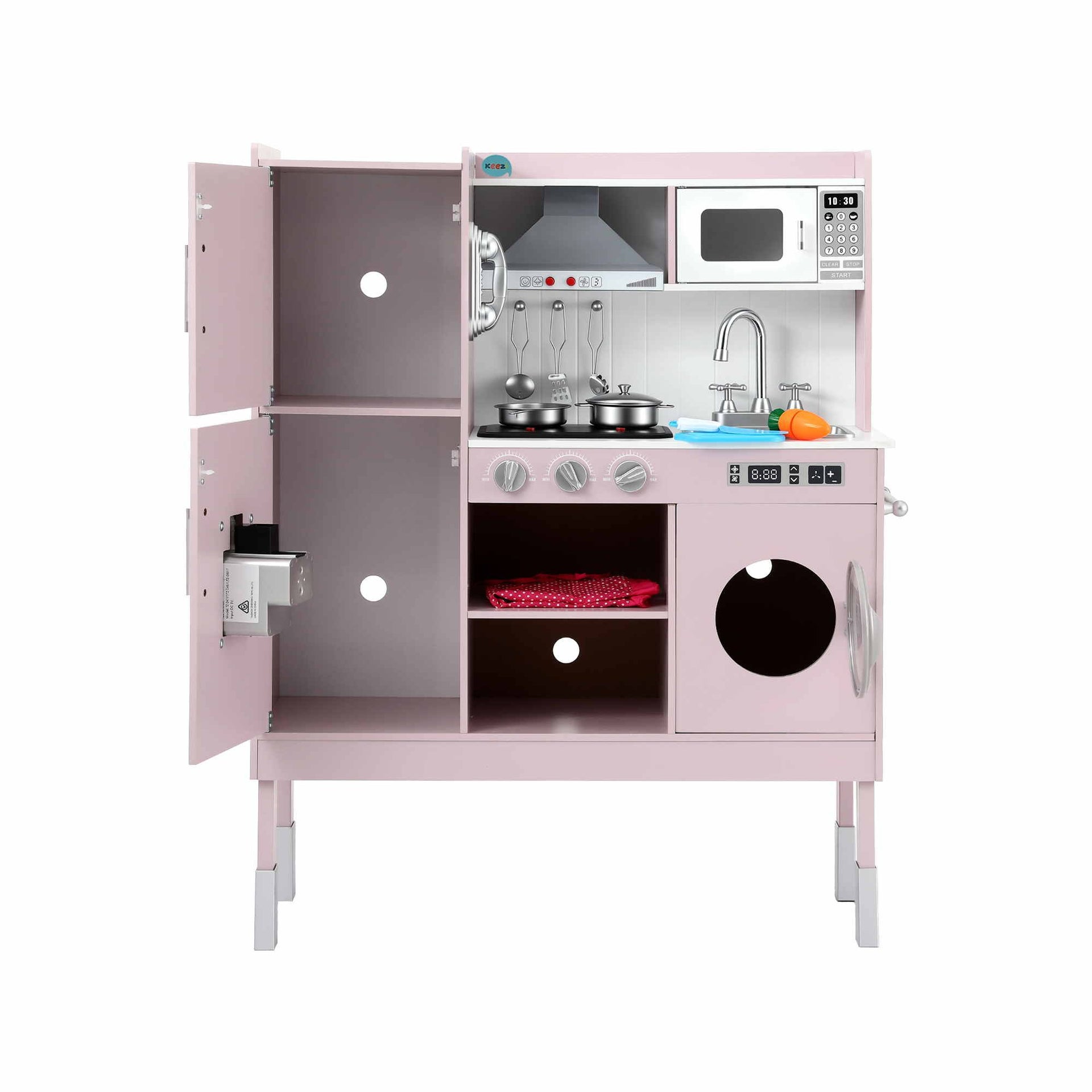 Keezi 102cm Wooden Pretend Kitchen Playset With Apron And Food Set1 Pink Awezingly