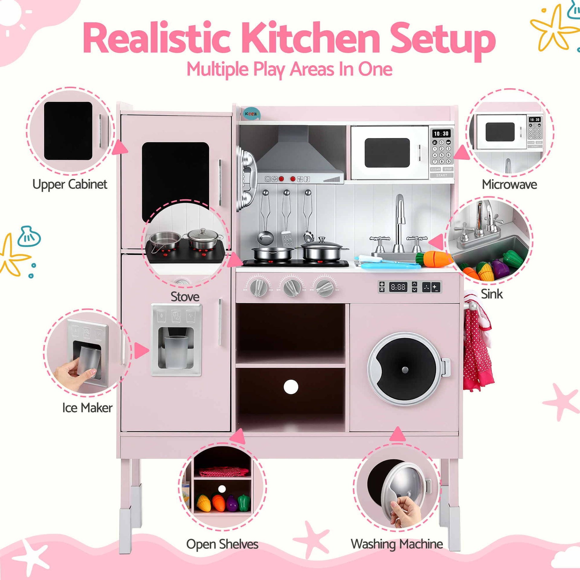 Keezi 102cm Wooden Pretend Kitchen Playset With Apron And Food Set1 Pink Awezingly