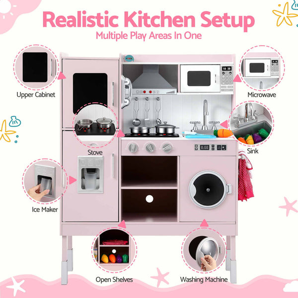 Keezi 102cm Wooden Pretend Kitchen Playset With Apron And Food Set1 Pink Awezingly